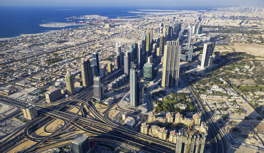 Aerial view of Dubai city from the top of a tower.